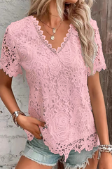 Casual Daily Solid Color Lace V Neck T-Shirts(5 Colors)