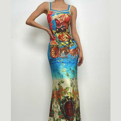 Backless abstract contrast u neck sleeveless maxi dress