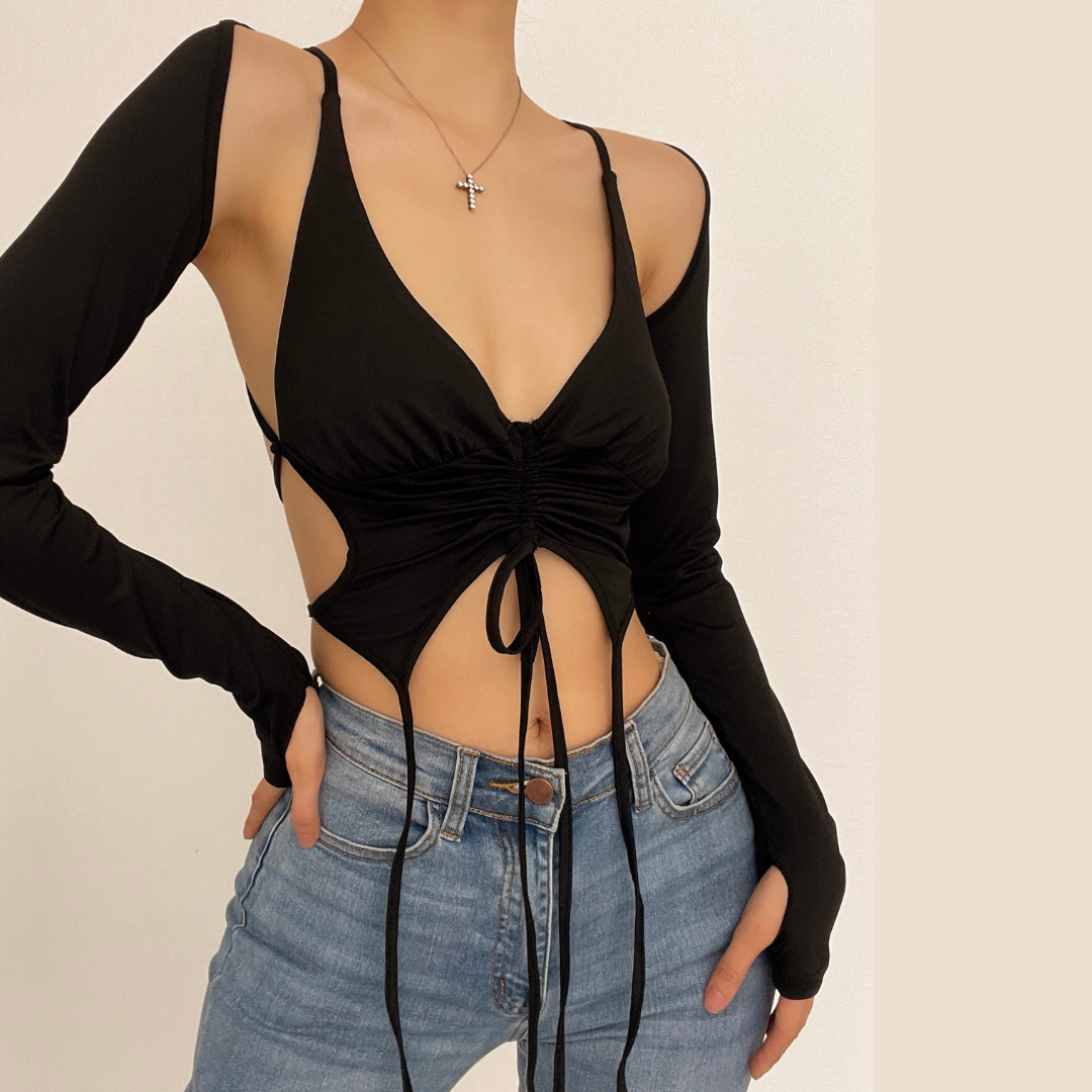 Long sleeves V neck halter ruched solid 2 piece top