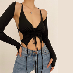 Long sleeves V neck halter ruched solid 2 piece top