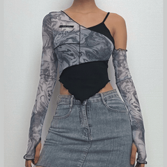 Long sleeve mesh irregular ruffled crop top