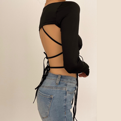 Long sleeves V neck halter ruched solid 2 piece top