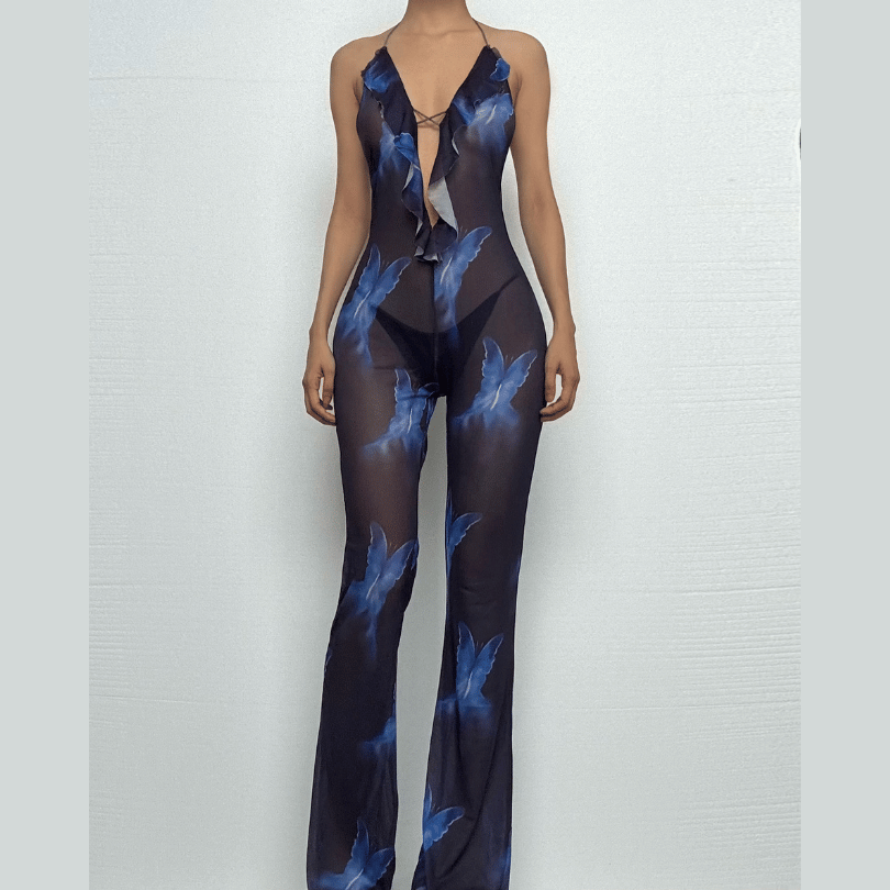 Halter ruffle sheer mesh backless print jumpsuit