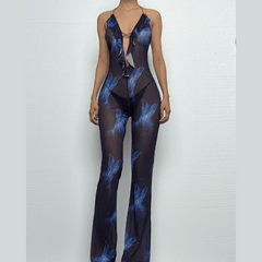 Halter ruffle sheer mesh backless print jumpsuit