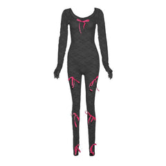 Long sleeve bowknot u neck lace see through jumpsuit