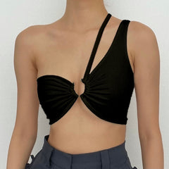 Hollow out o ring one shoulder backless ruched ribbed crop cut out top
