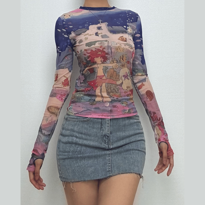 Long sleeve abstract print mesh top