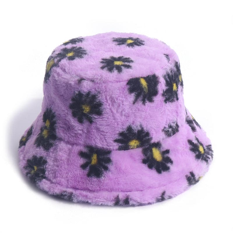 Flower pattern contrast fluffy fisherman bucket hat