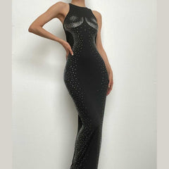 Beaded body print sleeveless contrast round neck maxi dress