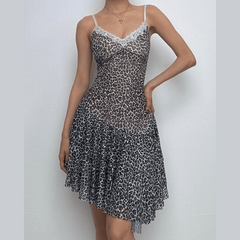 Leopard print lace hem mesh v neck cami mini dress