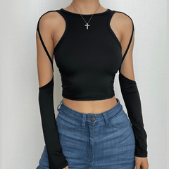 Hollow out solid long sleeve crewneck crop cut out top