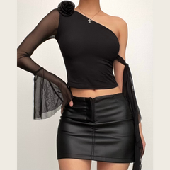 Long flared sleeve one shoulder mesh flower applique backless top