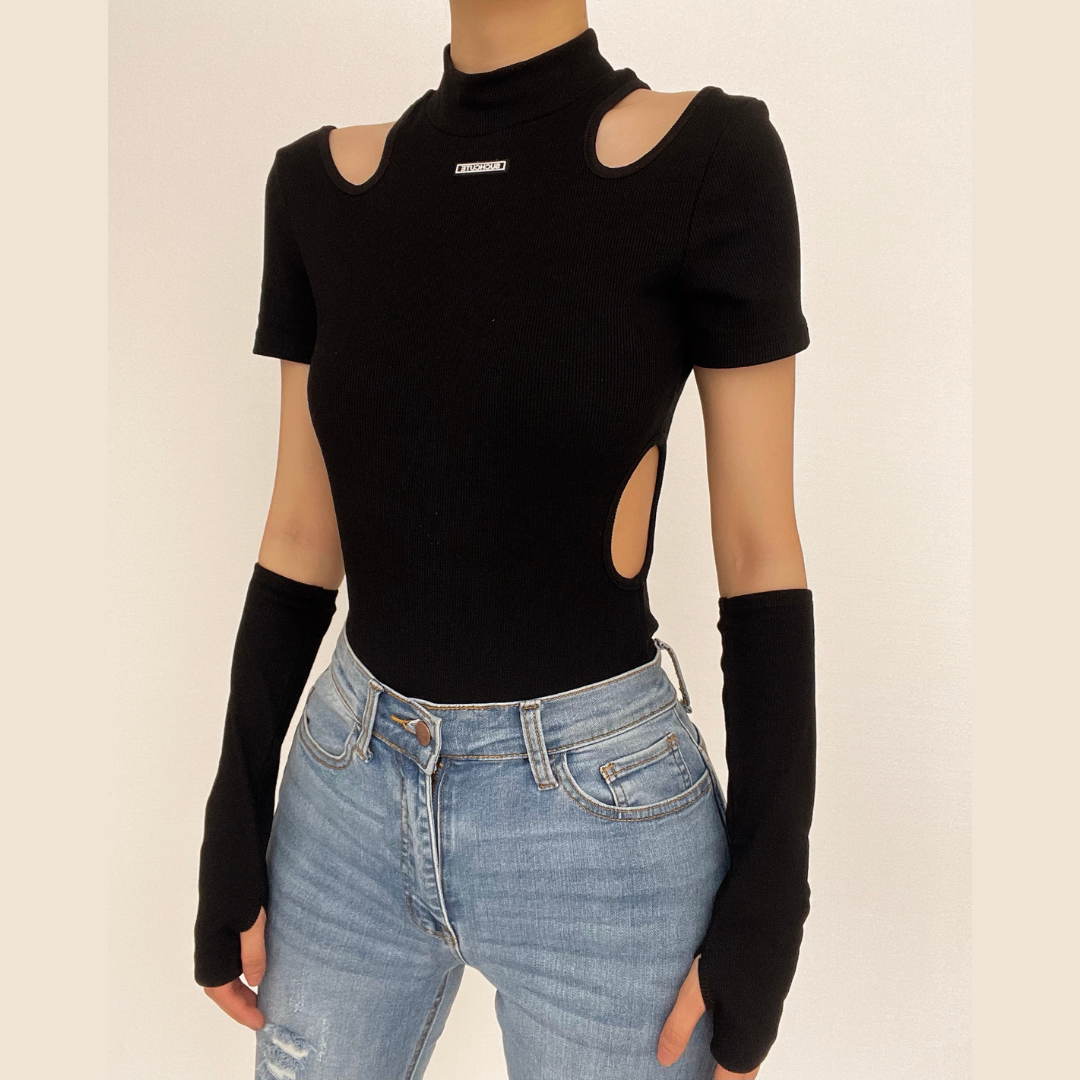 High neck hollow out short sleeve solid bodysuit