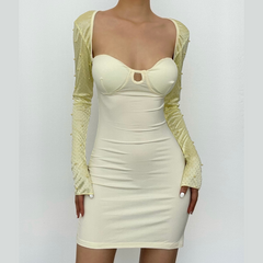 Long sleeve solid hollow out slit ruched beaded self tie backless cut out mini dress - Final Sale