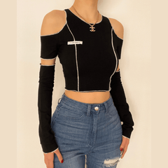 Long sleeve off shoulder patchwork ribbed top