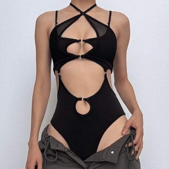 Halter cross front o ring hollow out bodysuit