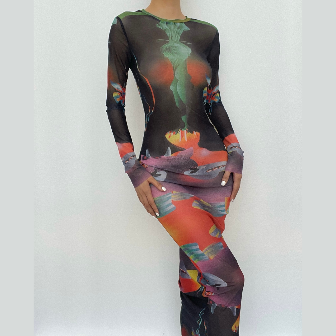 Long sleeve contrast abstract print round neck midi dress