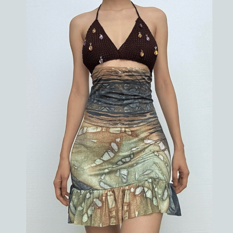 Halter self tie print deep V neck ruched mini skirt set