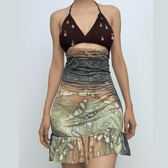 Halter self tie print deep V neck ruched mini skirt set