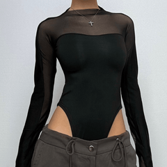 Long sleeve high neck mesh patchwork bodysuit