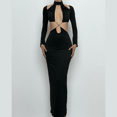 Hollow out cross front solid long sleeve halter cut out midi dress