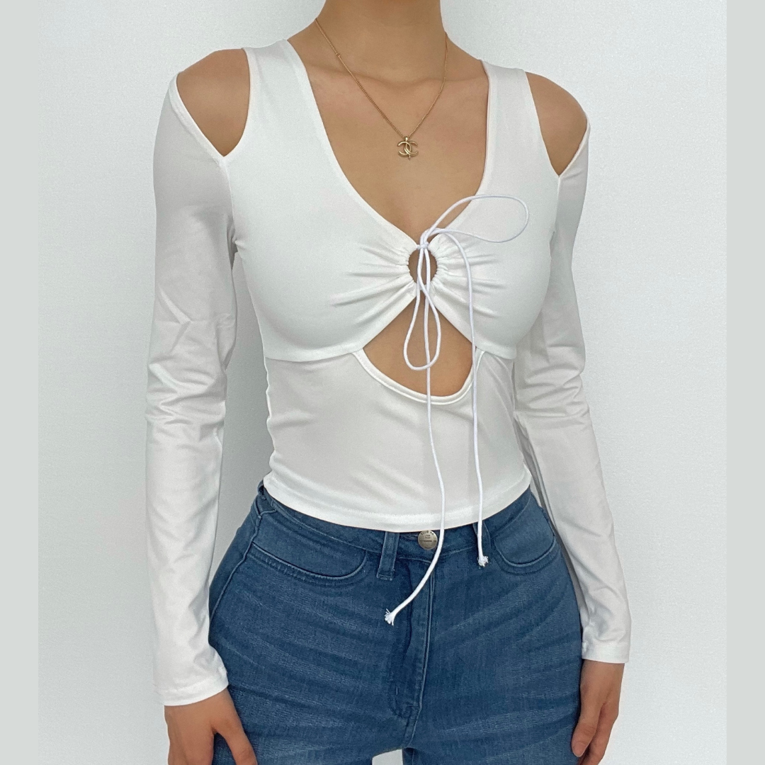 Hollow out solid long sleeve drawstring ruched off shoulder crop cut out top