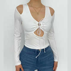 Hollow out solid long sleeve drawstring ruched off shoulder crop cut out top