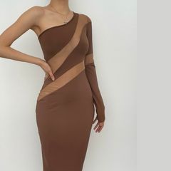 Long sleeve mesh backless one shoulder midi dress