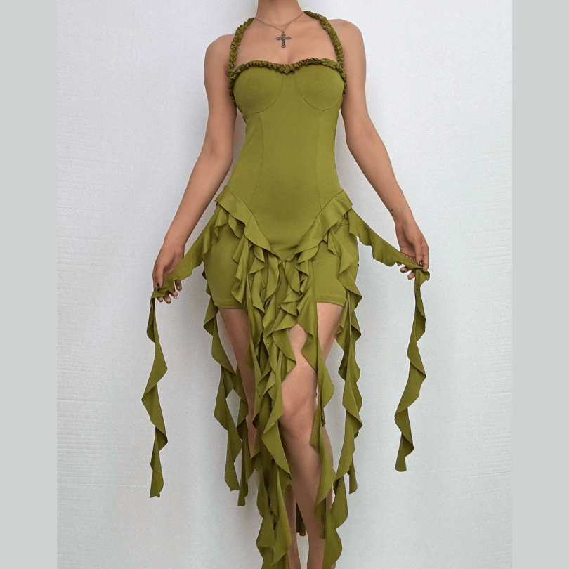 Halter ruffle sweetheart neck solid midi dress