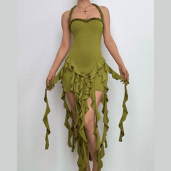 Halter ruffle sweetheart neck solid midi dress