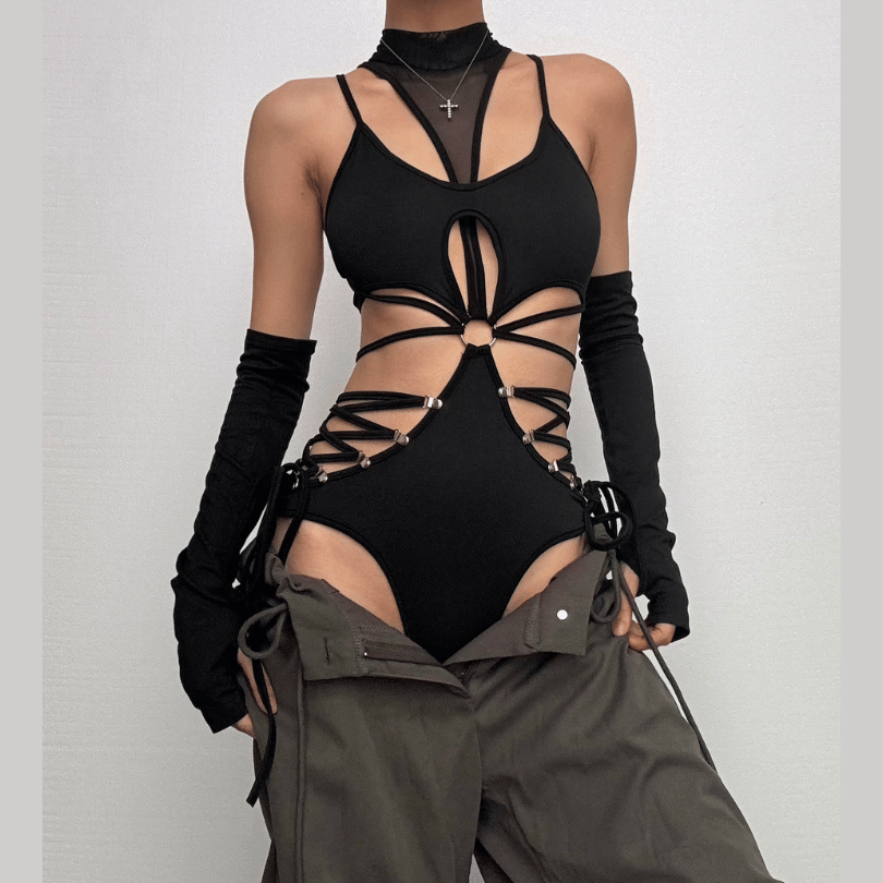 High neck o ring hollow out lace up gloves bodysuit