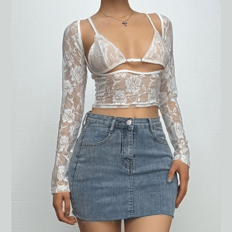 Long sleeve hollow out contrast lace 2 piece cut out top