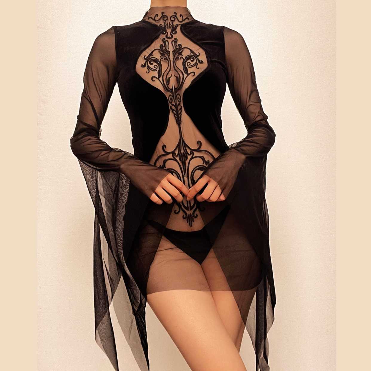 Mesh crewneck long sleeve see through embroidery mini dress