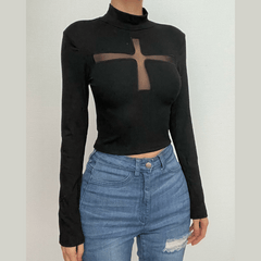 Long sleeve high neck cross pattern mesh solid top