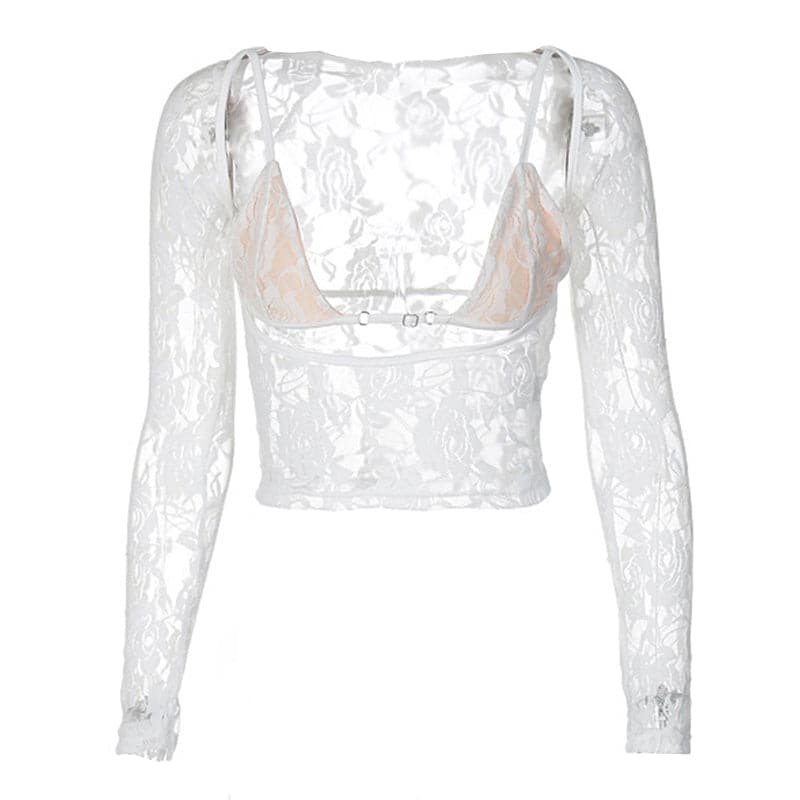Long sleeve hollow out contrast lace 2 piece cut out top