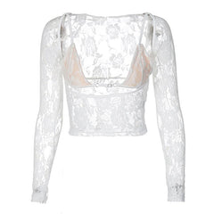 Long sleeve hollow out contrast lace 2 piece cut out top