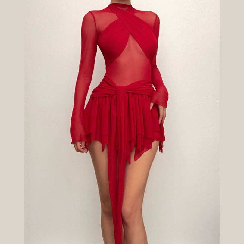 Long sleeve ruffle ruched cross front halter sheer mesh mini dress