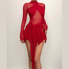 Long sleeve ruffle ruched cross front halter sheer mesh mini dress