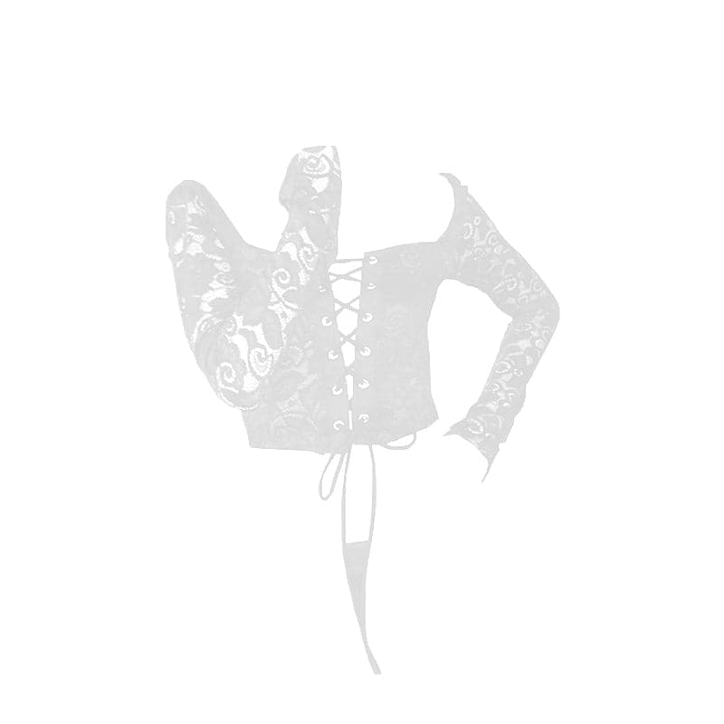 Long flared sleeve lace see through lace up square neck crop top