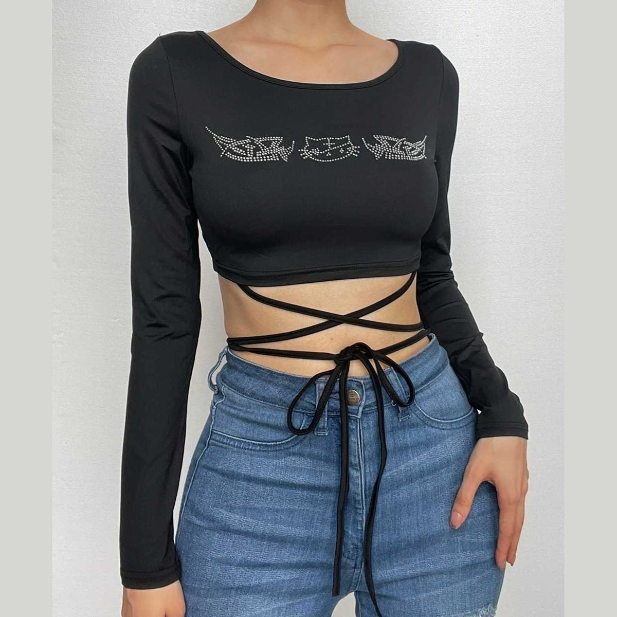 Beaded long sleeve cross front self tie round neck crop top