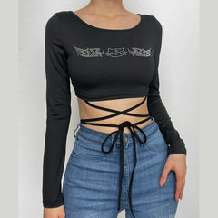 Beaded long sleeve cross front self tie round neck crop top