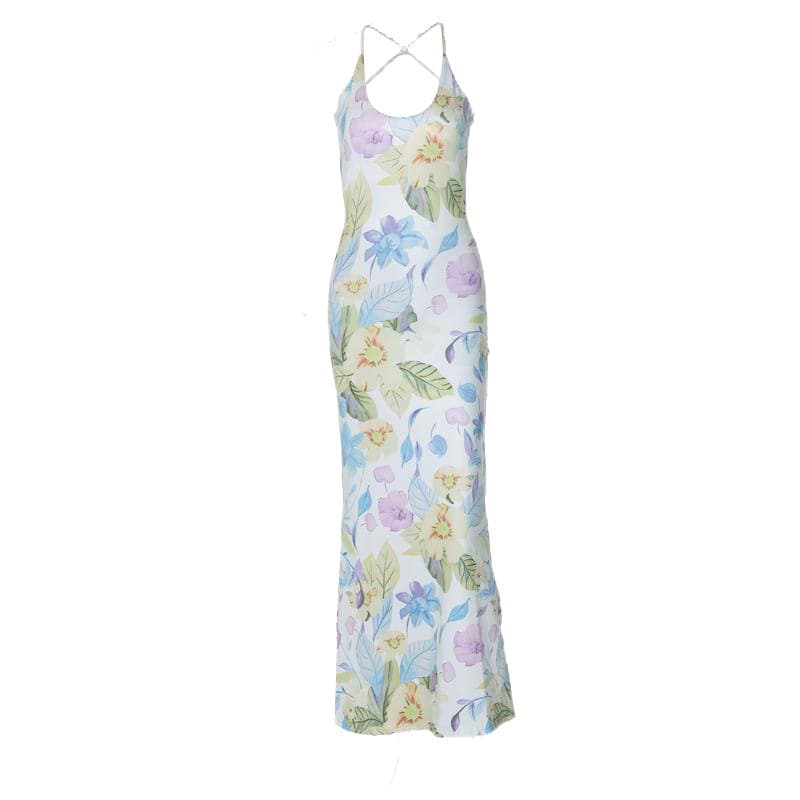 Flower print u neck cross back backless cami midi dress