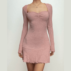 Long sleeve solid ruched ruffle mini dress - Final Sale