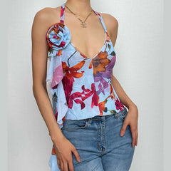 Backless v neck flower applique ribbon contrast slit self tie crop top