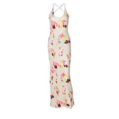 Flower print u neck cross back backless cami midi dress