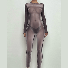 Long sleeve crewneck body print zip-up sheer mesh jumpsuit