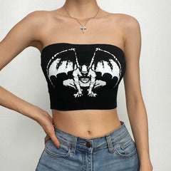 Bat print contrast backless tube crop top