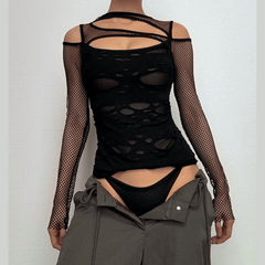 Long sleeve fishnet hollow out irregular see through cut out top