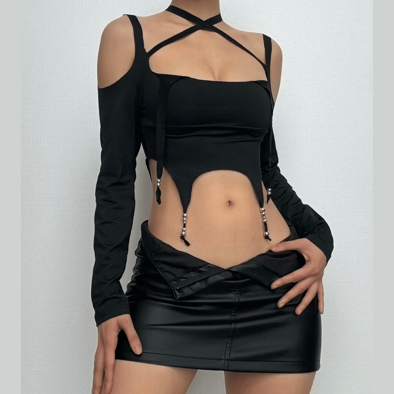 Long sleeve solid cross front beaded self tie backless crop top