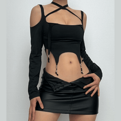 Long sleeve solid cross front beaded self tie backless crop top